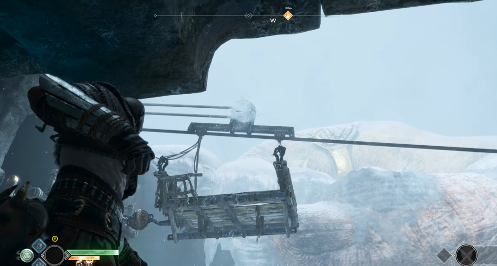 Кратос из God of War целится в ледяной пещере