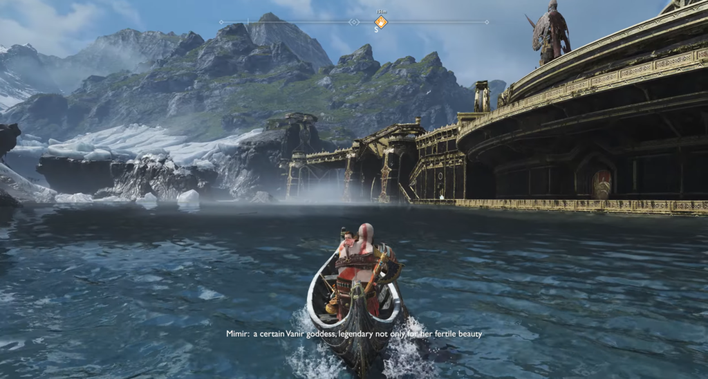 Кратос и Атрей плывут на лодке у храма God of War