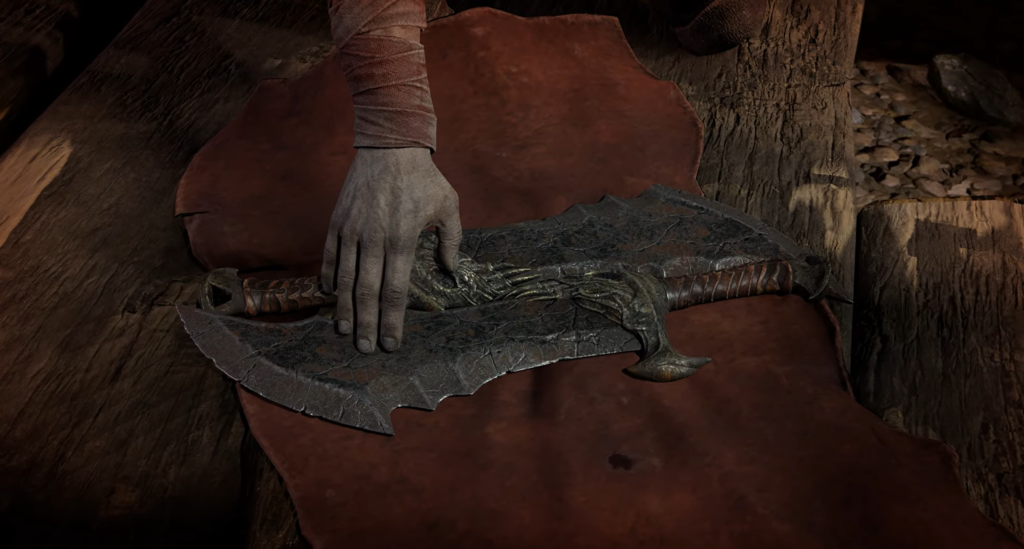 Рука держит боевой топор на красной ткани