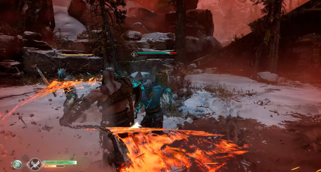 Кратос атакует врага огненными клинками в снегу God of War