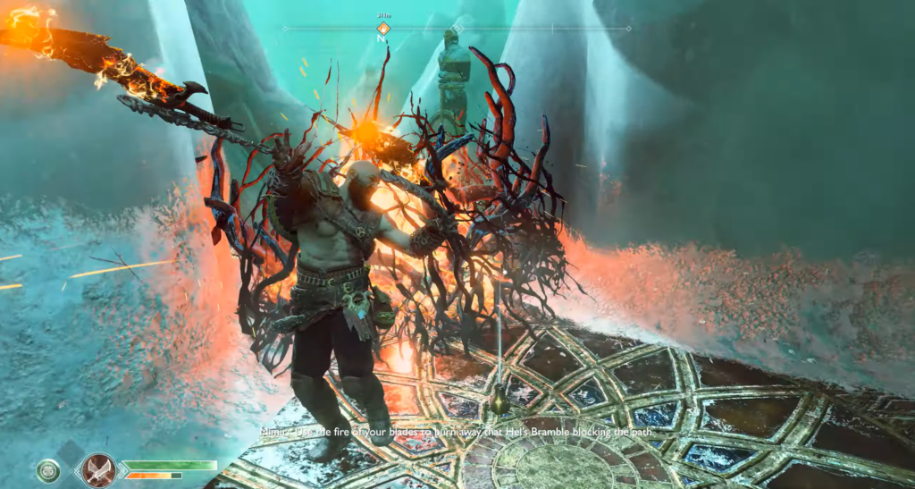 Кратос сжигает шипы клинками в God of War