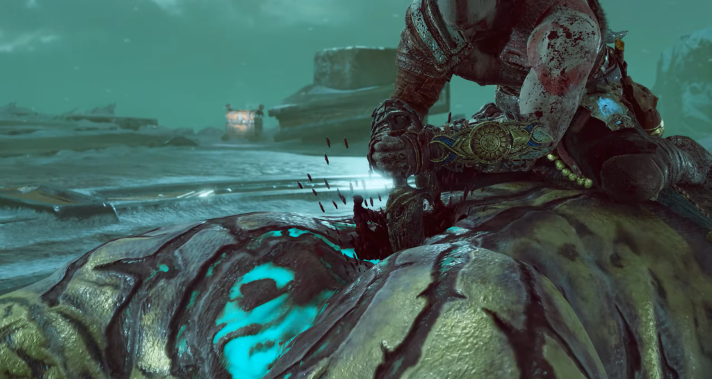 Кратос из God of War вонзает меч в монстра