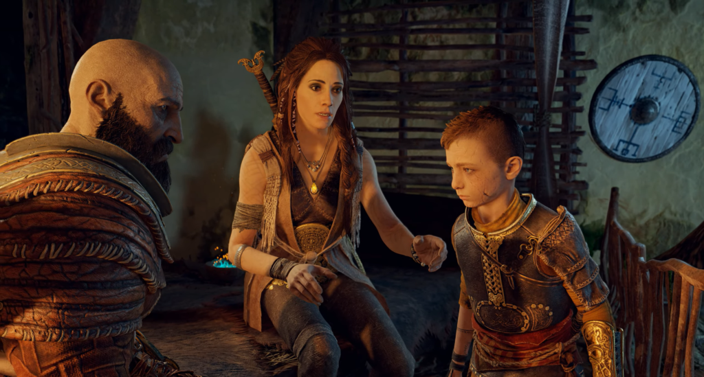 Кратос, Фрейя и Атрей разговаривают в хижине