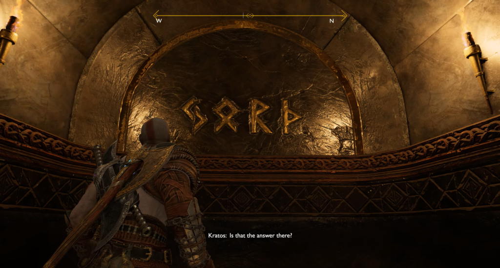 Кратос смотрит на руны на золотой стене God of War