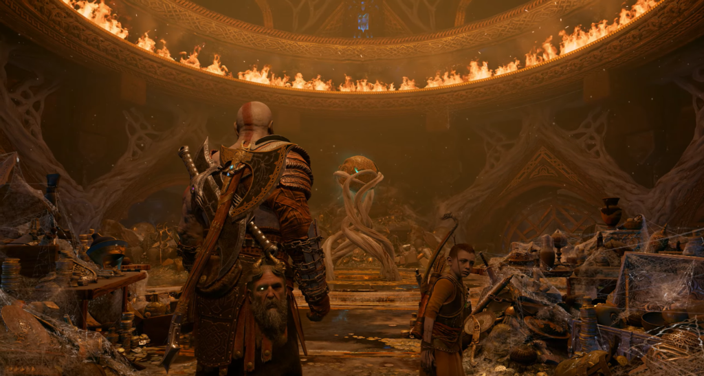 Кратос и Атрей стоят в зале с огнём