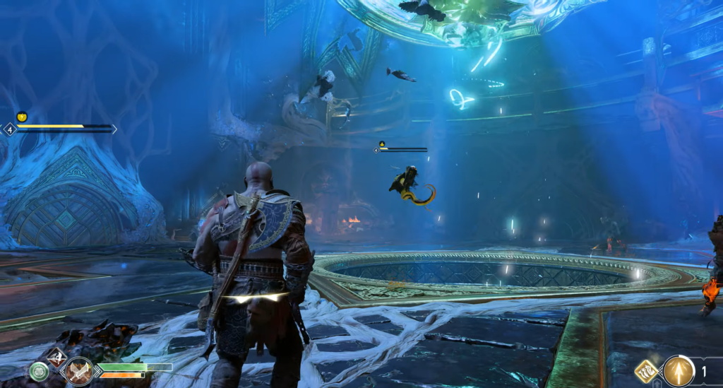 Кратос из God of War сражается в синем зале