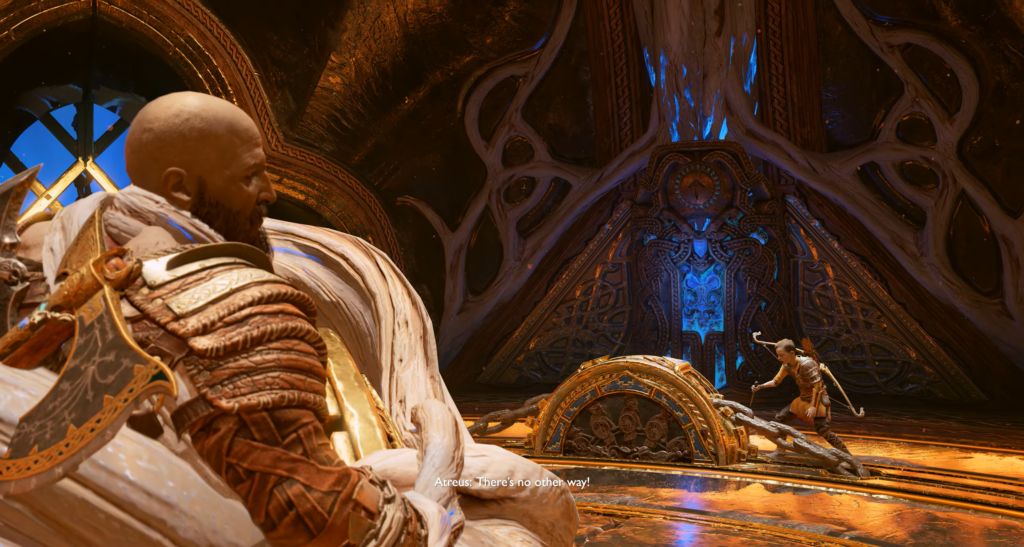 Кратос наблюдает, как Атрей тянет цепь в храме