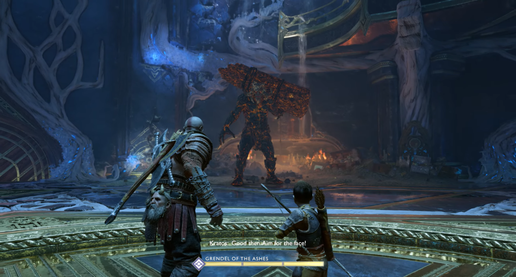 Кратос и Атрей сражаются с Гренделем в зале