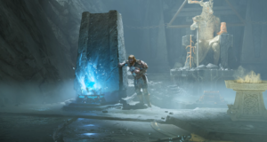 Гном касается синего кристалла в пещере