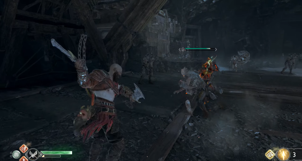 Кратос сражается с драуграми в пещере God of War