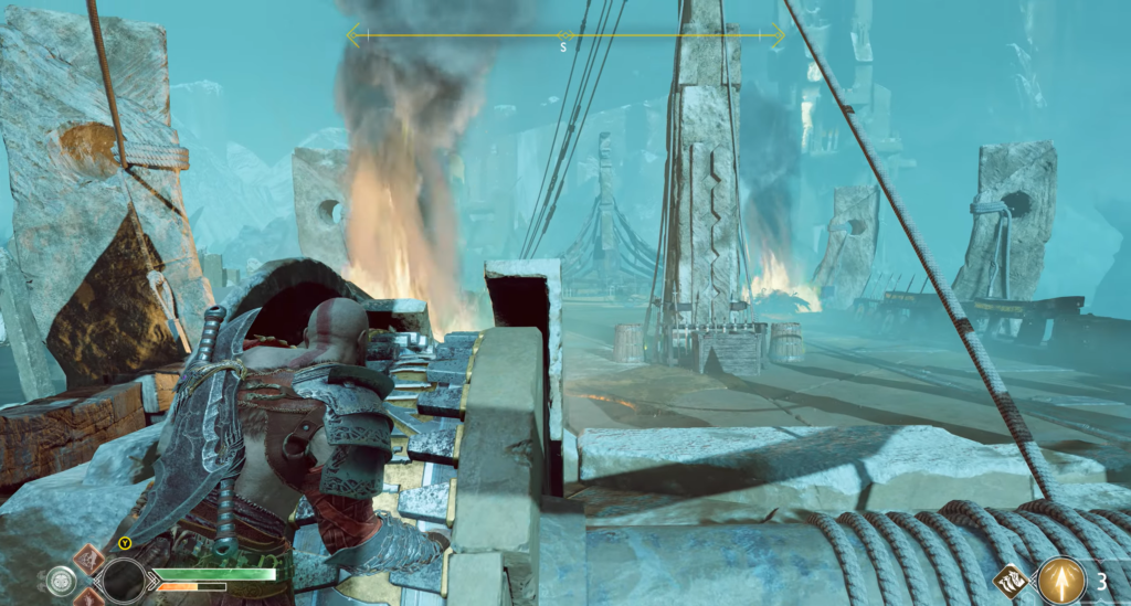 Кратос из God of War прячется за укрытием в руинах