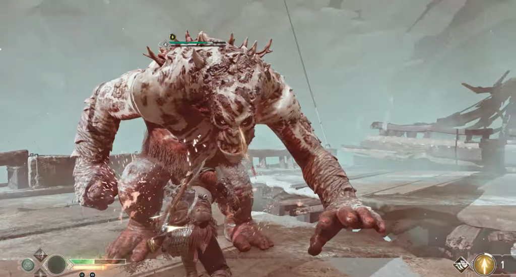 Кратос сражается с троллем на деревянном мосту