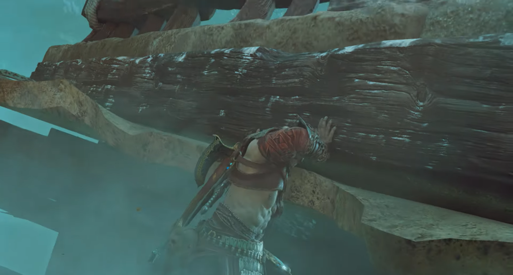 Кратос из God of War поднимает бревно в воде