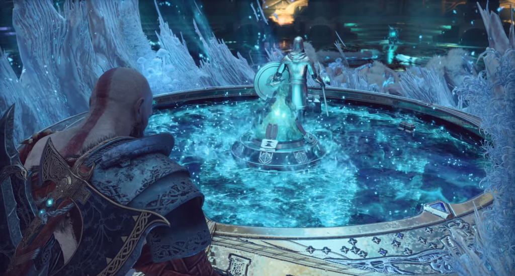 Player aims striped weapon at glowing portal in dungeon