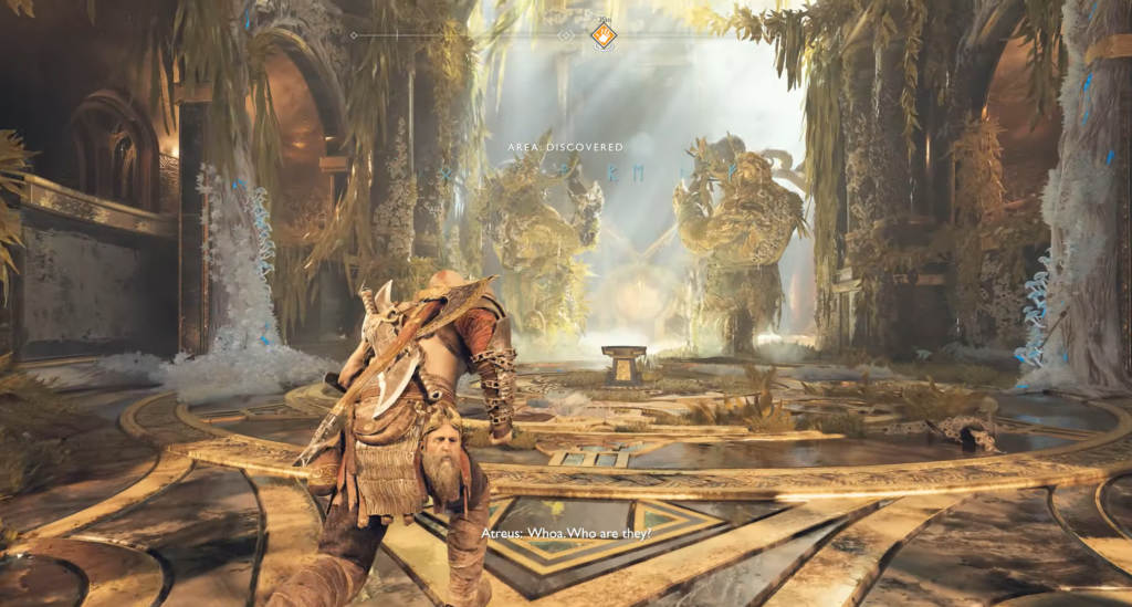 Game character aiming at wall panel in ruins