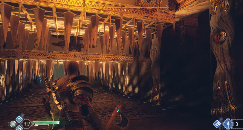 Character hangs on circular device in stone ruins