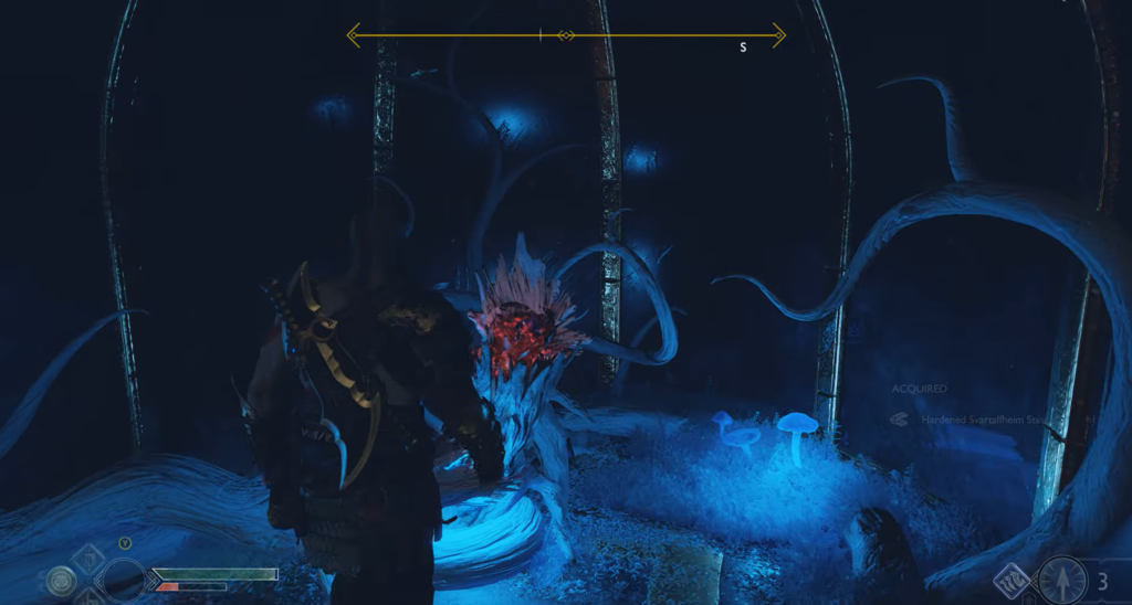 Player character walks on futuristic ruins platform with blue lights