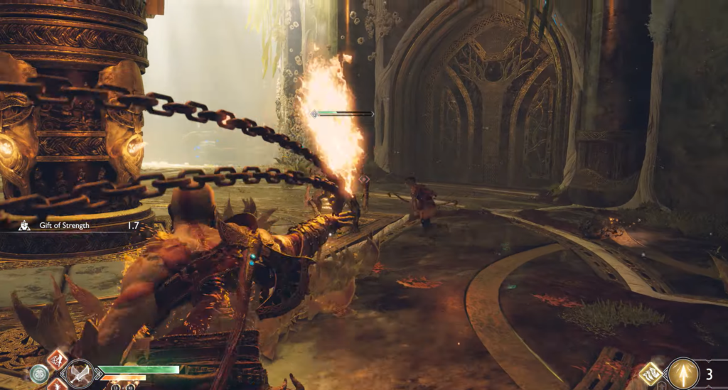 Player character stands by glowing blue stone platform ruins