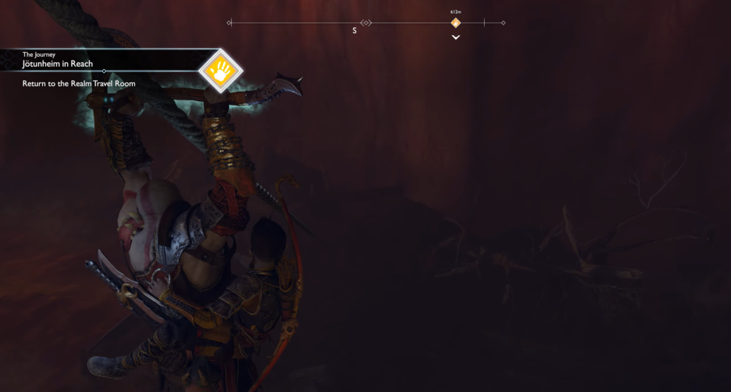 Кратос и Атрей карабкаются по стене в God of War