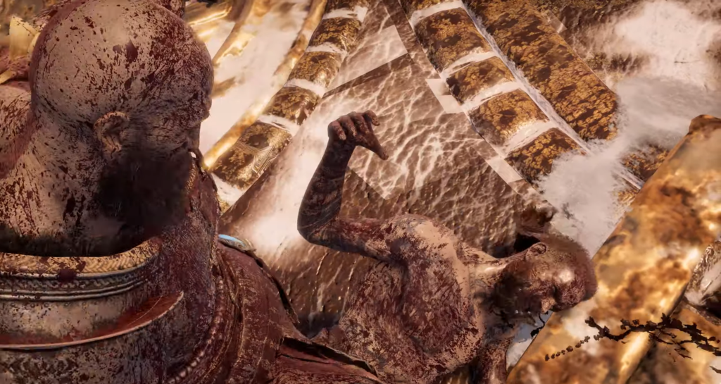 Кратос сражается с врагом на золотом мосту