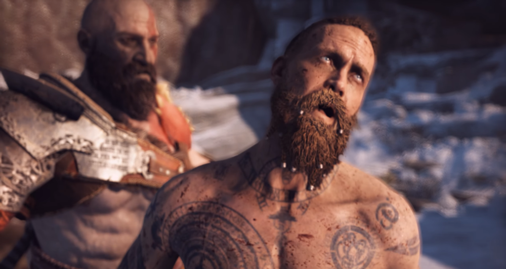 Кратос из God of War держит пленника в снегу