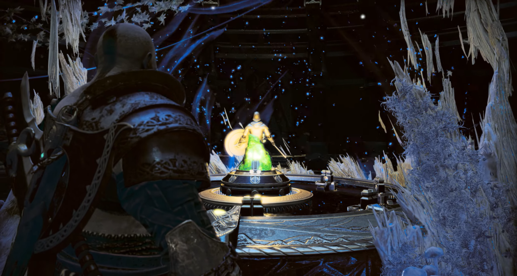 Кратос из God of War смотрит на светящийся алтарь