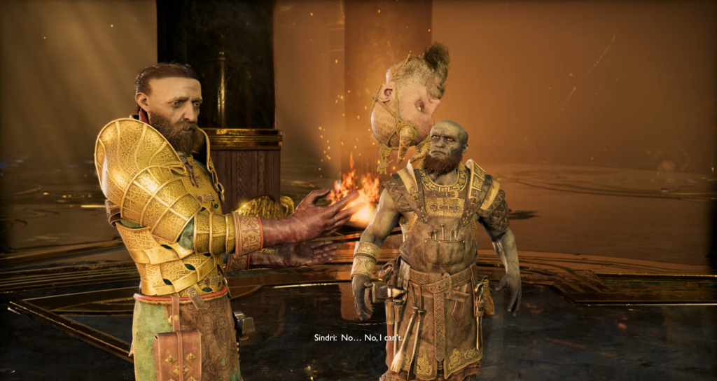 Синдри и Брок разговаривают у огня в God of War