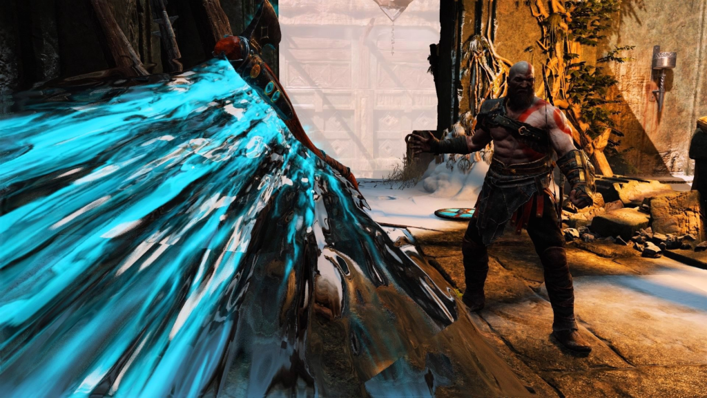 Кратос из God of War стоит у руин в снегу