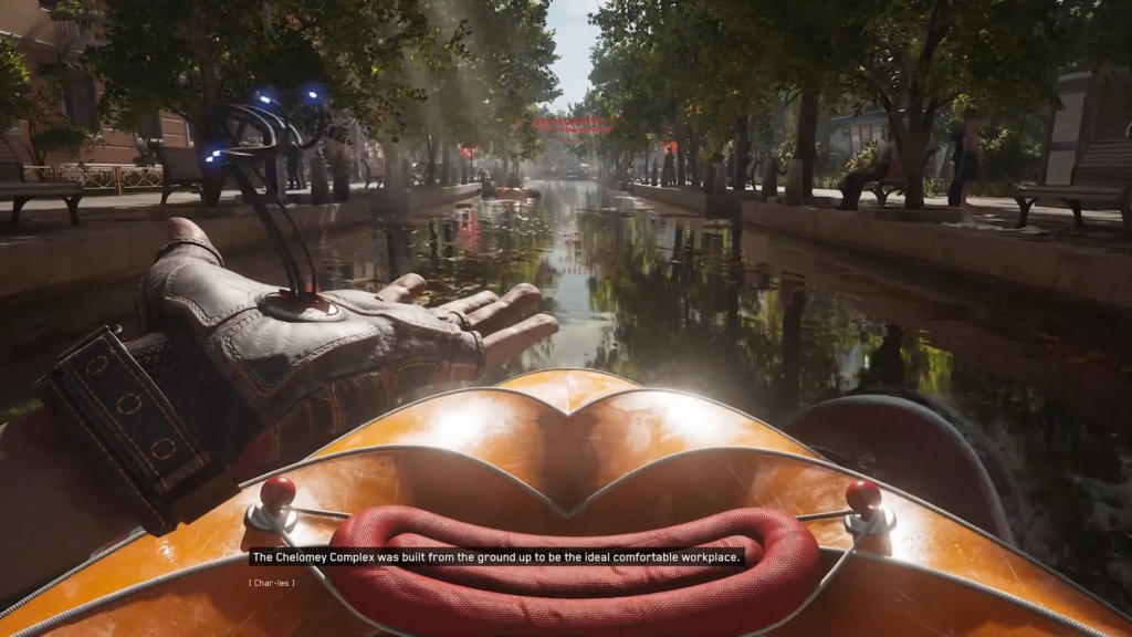 Персонаж Atomic Heart плывёт на лодке по каналу