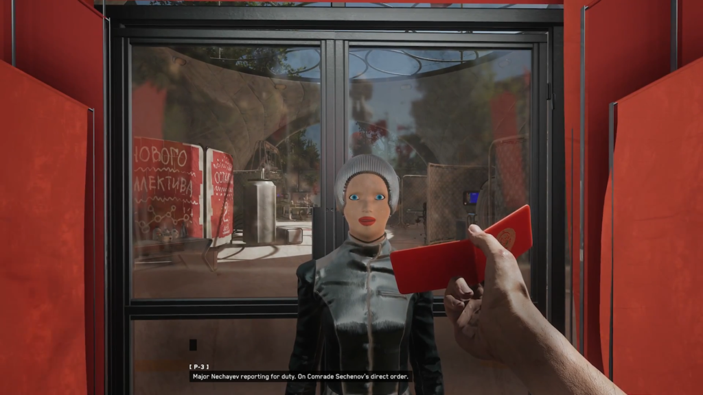 Майор Нечаев показывает красный пропуск роботу, Atomic Heart