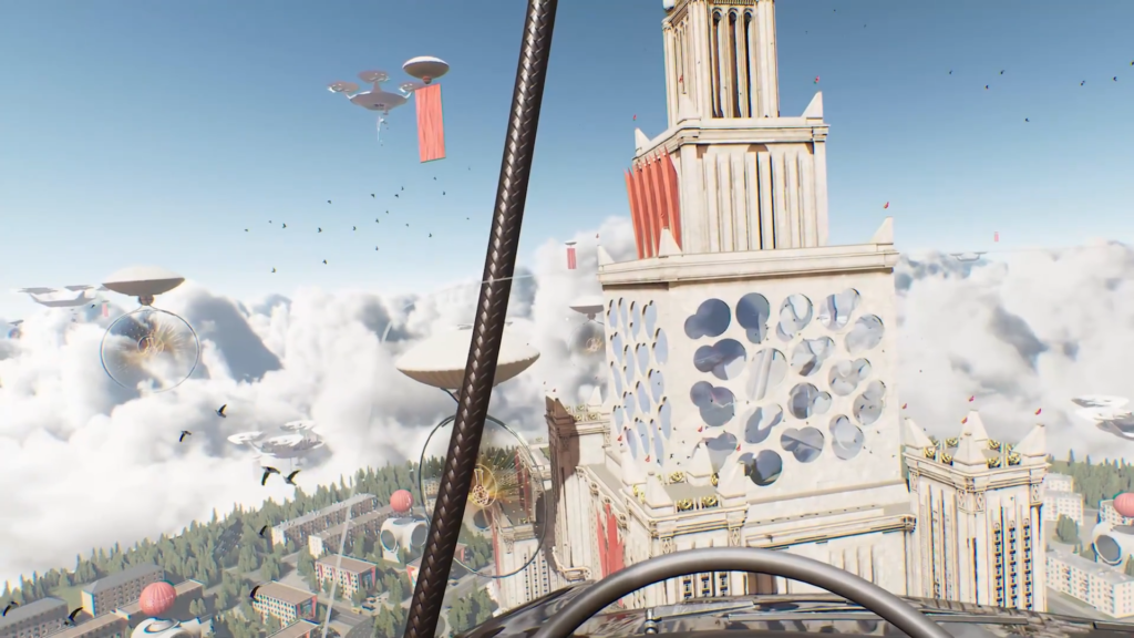 Вид из кабины на башню над облаками