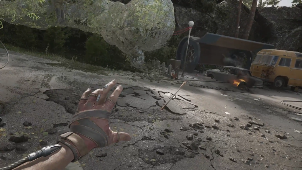 Wizard approaches cave entrance in rocky forest clearing