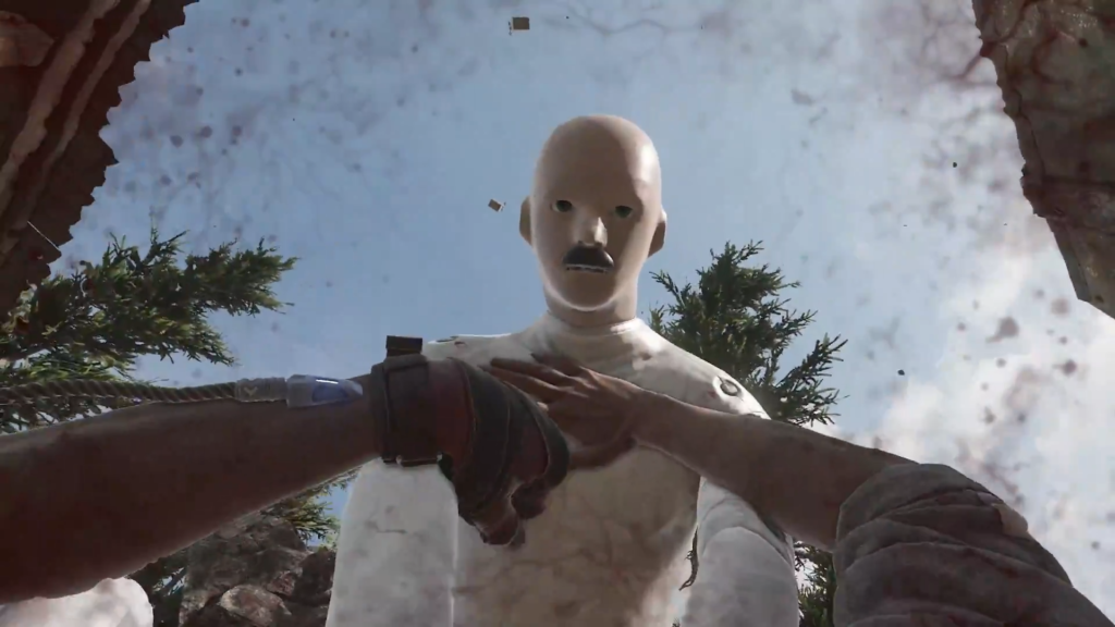 Warrior stands by lake near cliff cave at sunset