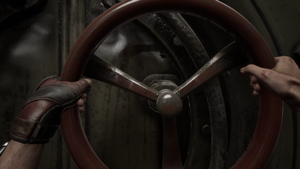 Player aims shotgun at Dewdrop robot on rocky shore