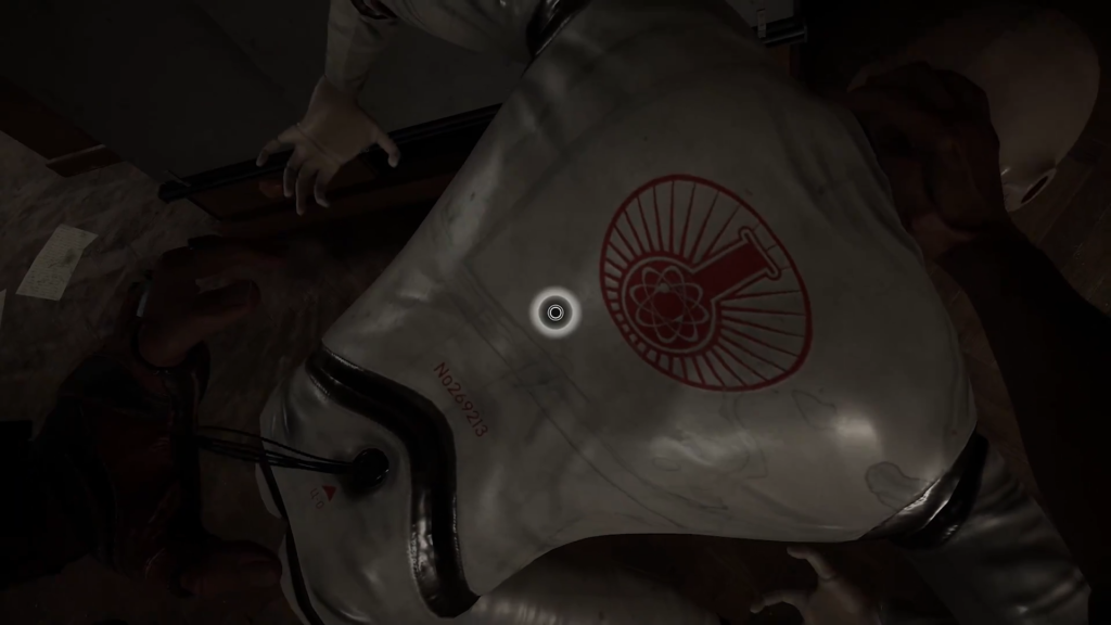 First-person aiming rifle in dark apartment room