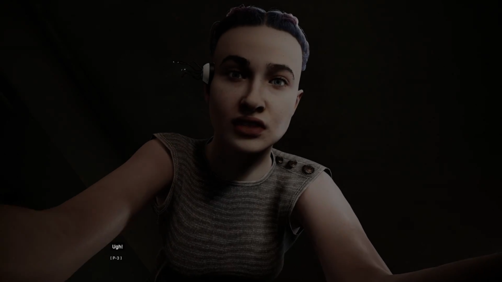 Blurry corridor with hanging cables and glowing lights