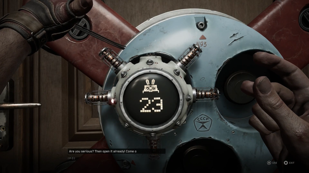 Woman stands in elevator, hands raised foreground