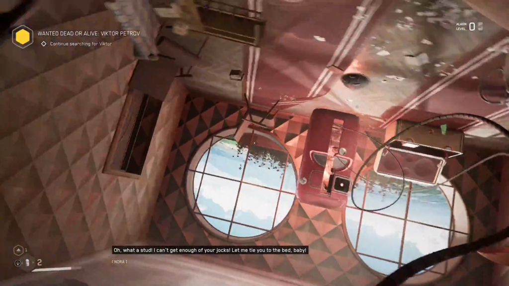 Looking through circular hatch into abandoned room corridor