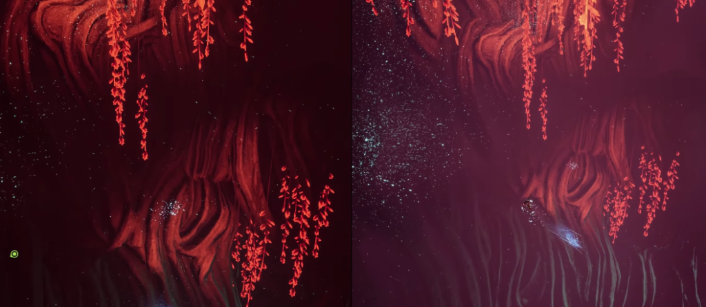 Рыба плывёт у красных корней в воде