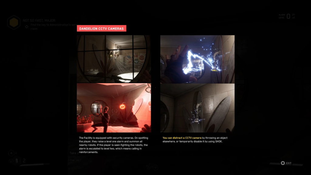 First-person ziplining toward red-bannered building courtyard