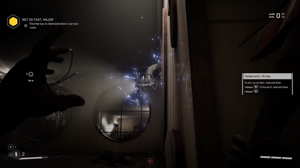 Black humanoid robot hovering in futuristic hall