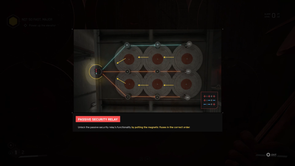 Atomic Heart player firing red laser in hall