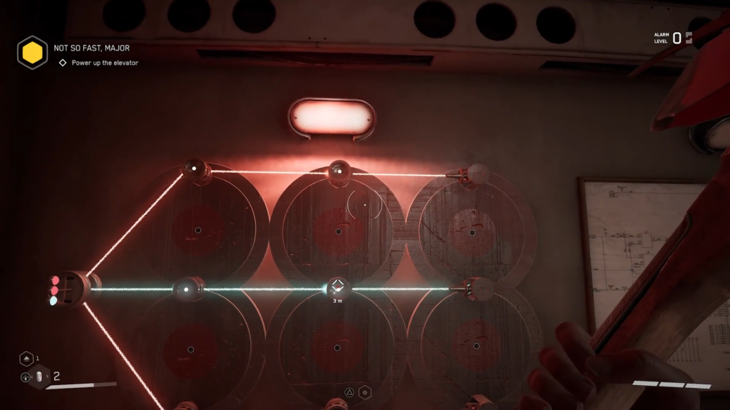 Player fires energy weapon in sci-fi arena