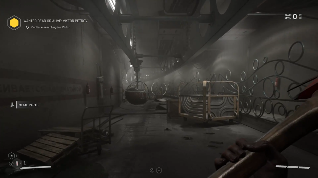 Atomic Heart player aims gun at robot hallway