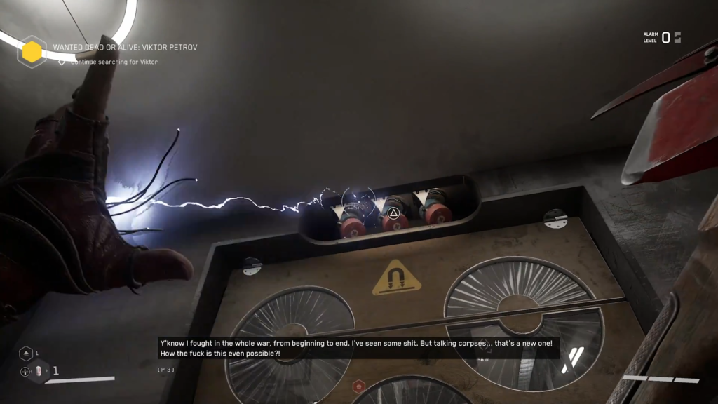 Robot walking in futuristic hangar beside crashed aircraft