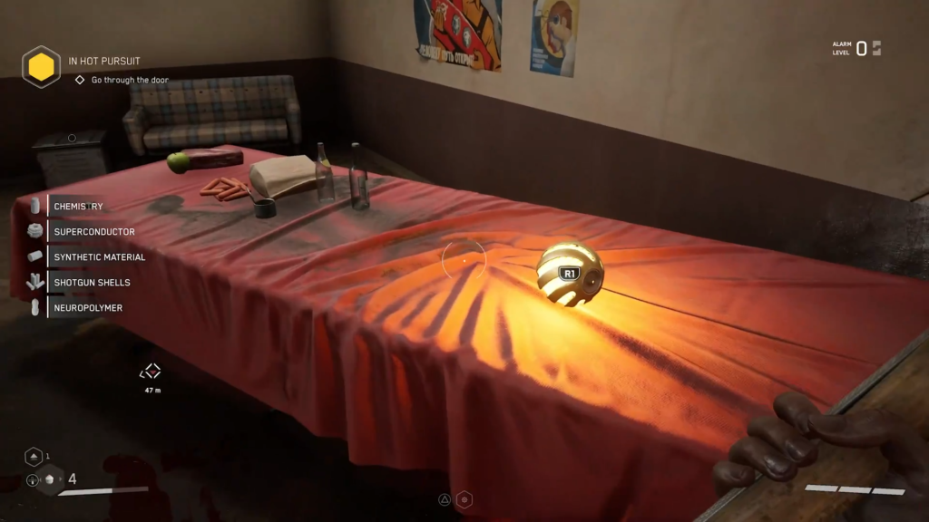 First-person aiming pistol over broken bank floor debris