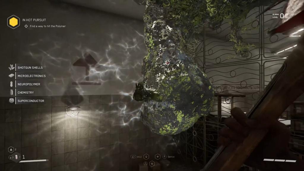 Atomic Heart player shoots electrified enemy in workshop