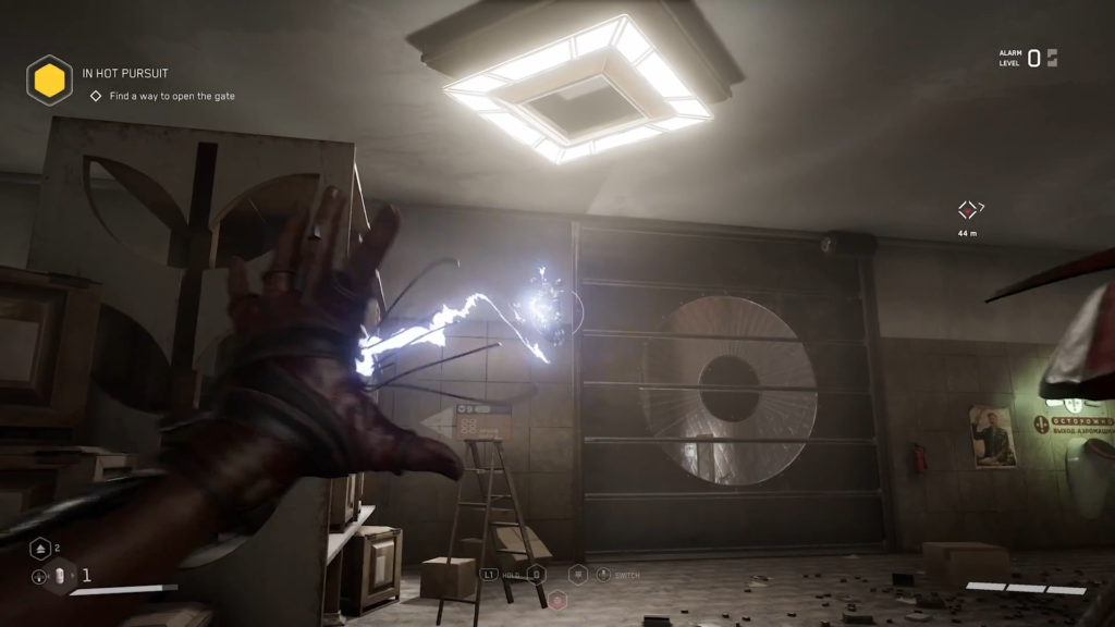 Atomic Heart crosshair aiming at burning robot in hallway