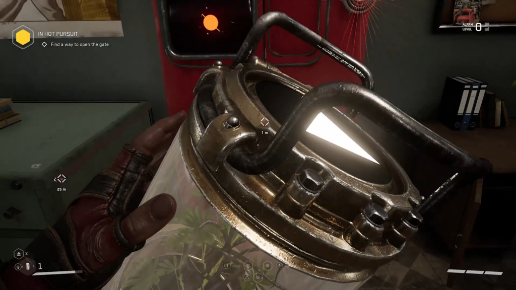 Player presses red button on industrial catwalk