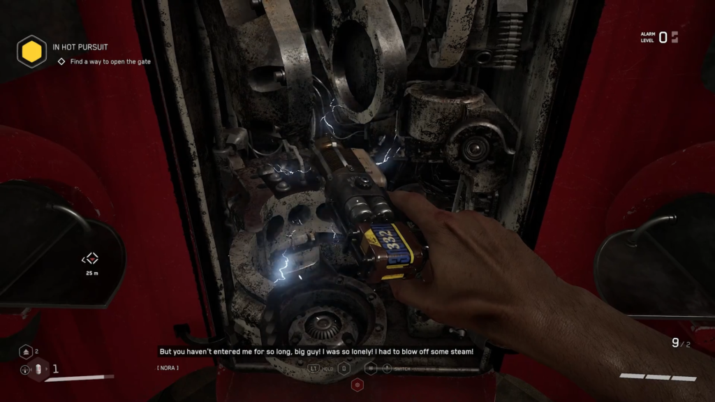 Holding pistol above blue-lit industrial walkway